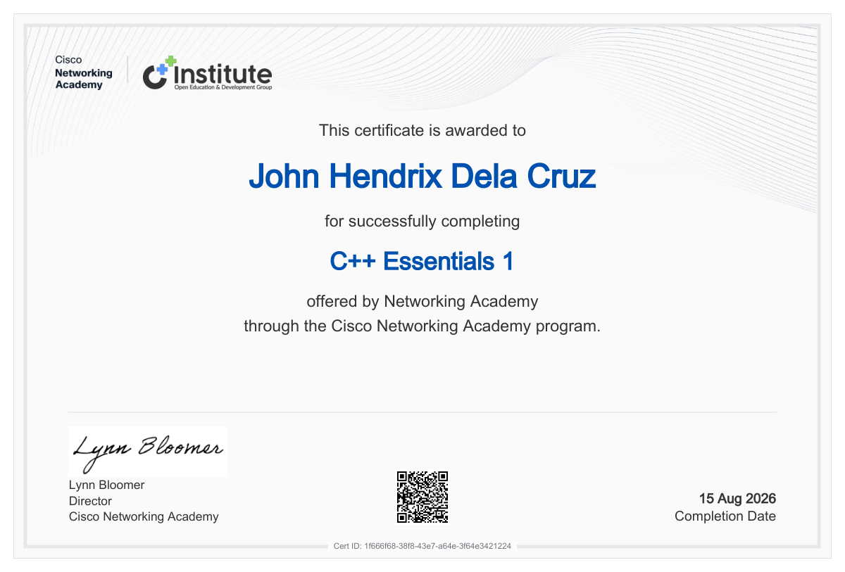 C++ Essentials 1 certificate awarded to John Hendrix Dela Cruz