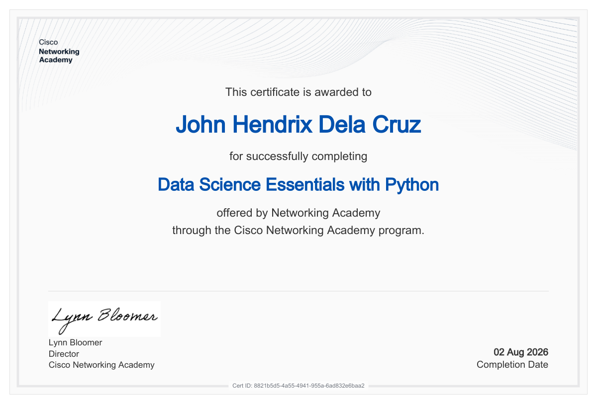 Data Science Essentials with Python certificate awarded to John Hendrix Dela Cruz