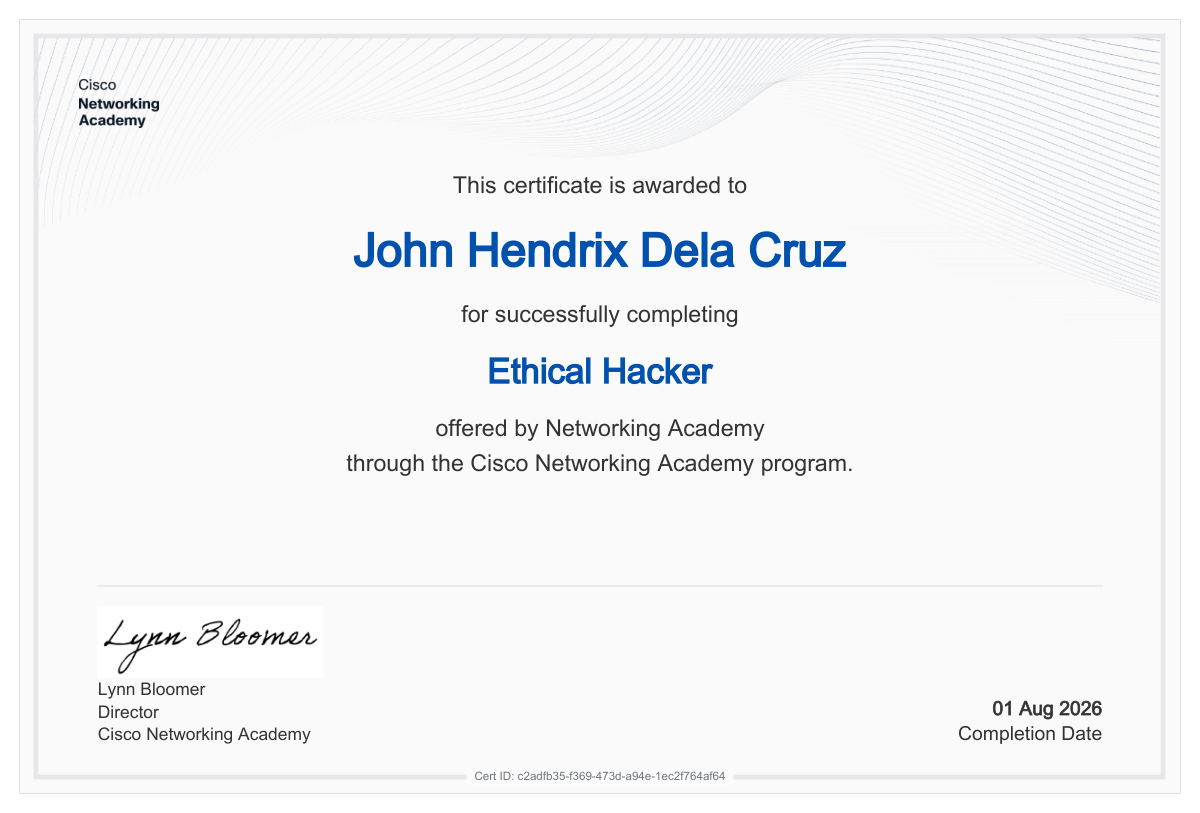 Ethical Hacker certificate awarded to John Hendrix Dela Cruz