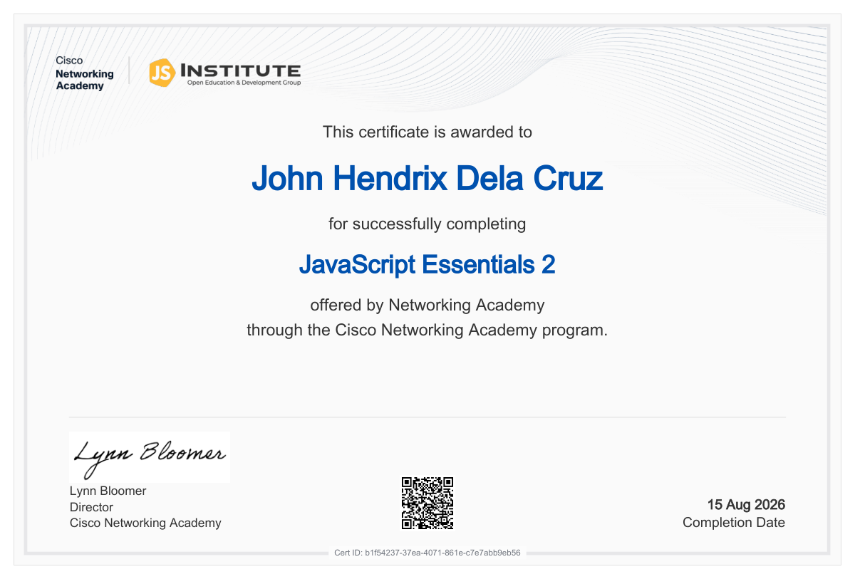 JavaScript Essentials 2 certificate awarded to John Hendrix Dela Cruz