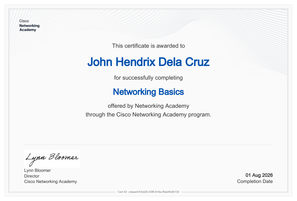 Networking Basics certificate awarded to John Hendrix Dela Cruz