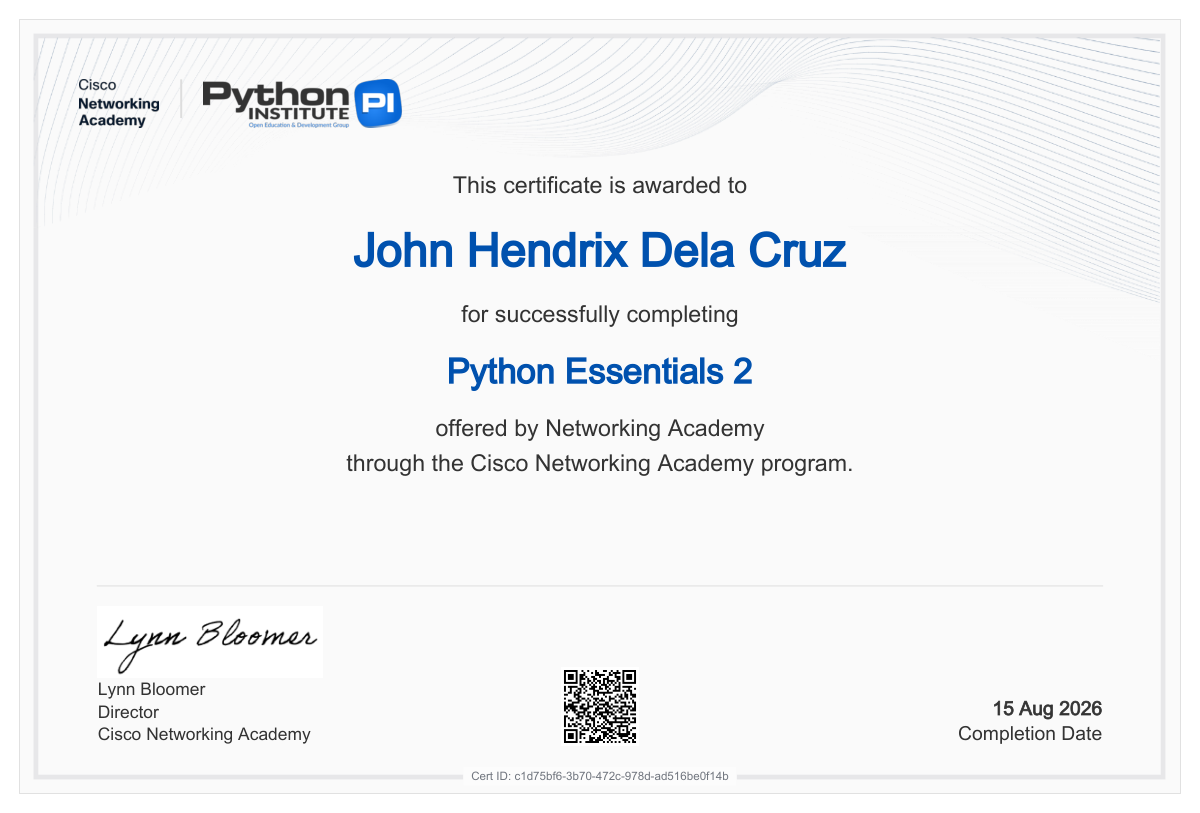 Python Essentials 2 certificate awarded to John Hendrix Dela Cruz